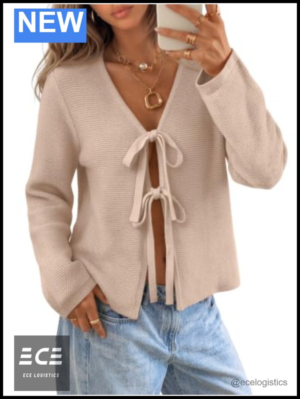 Tie Front Cardigan Sweater Long Sleeve V-Neck Lightweight Acrylic Cotton